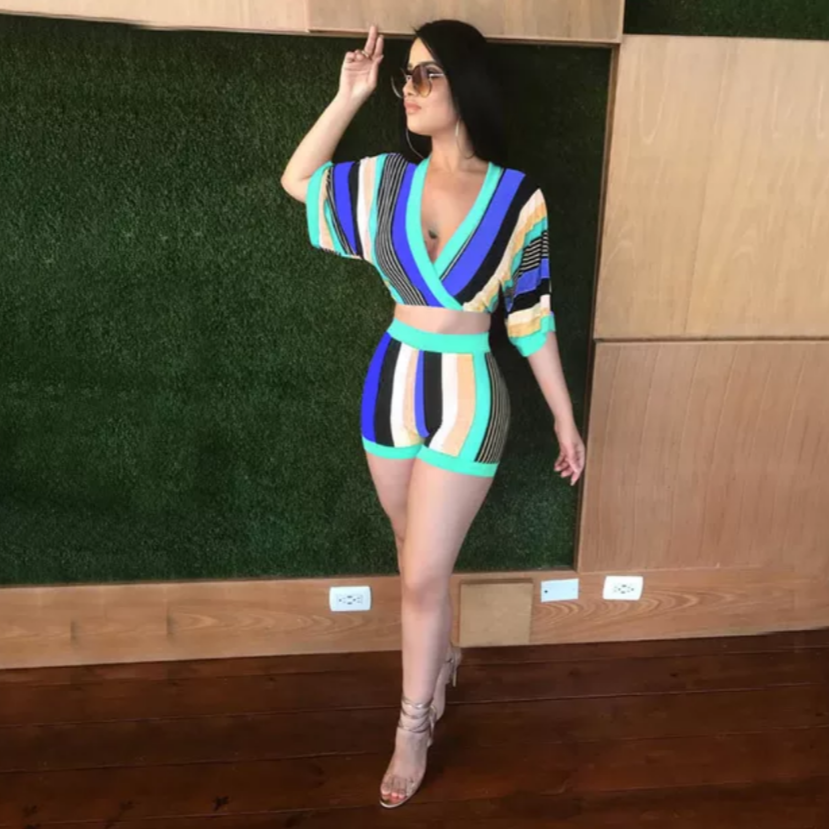 women's stripe short set blue