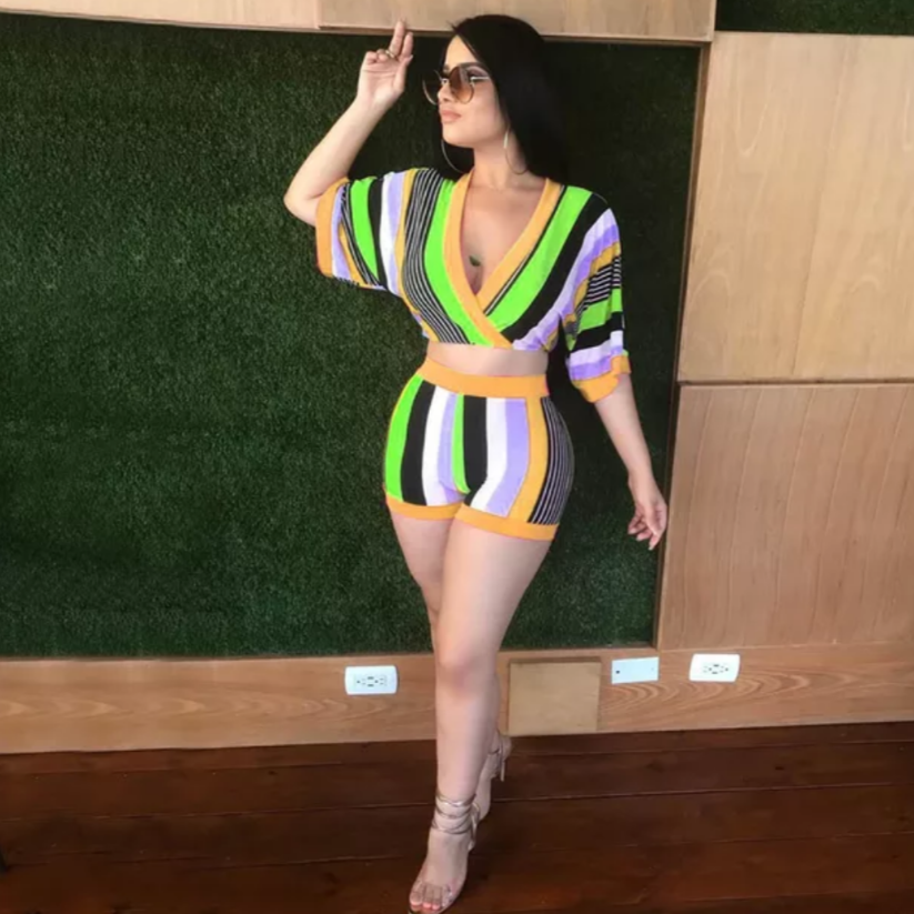 women's stripe short set green